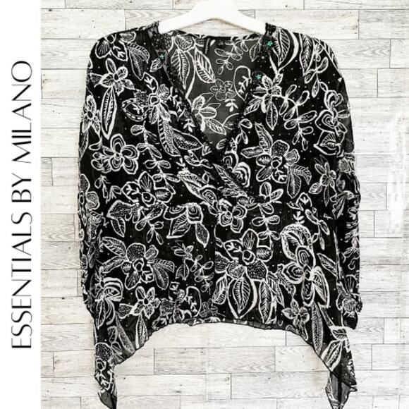 Essentials by Milano Tops - ESSENTIALS BY MILANO Black & White Floral Sequin Blouse, L